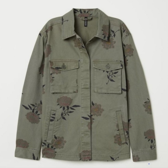 H&M Khaki Green Floral Utility Jacket Sz S - Picture 2 of 13